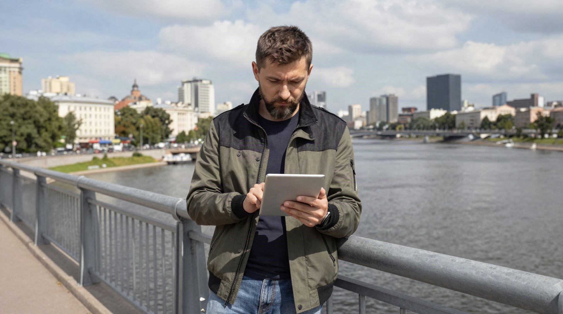 Мужчина в куртке стоит на мосту и смотрит в планшет на фоне городского пейзажа Новосибирска