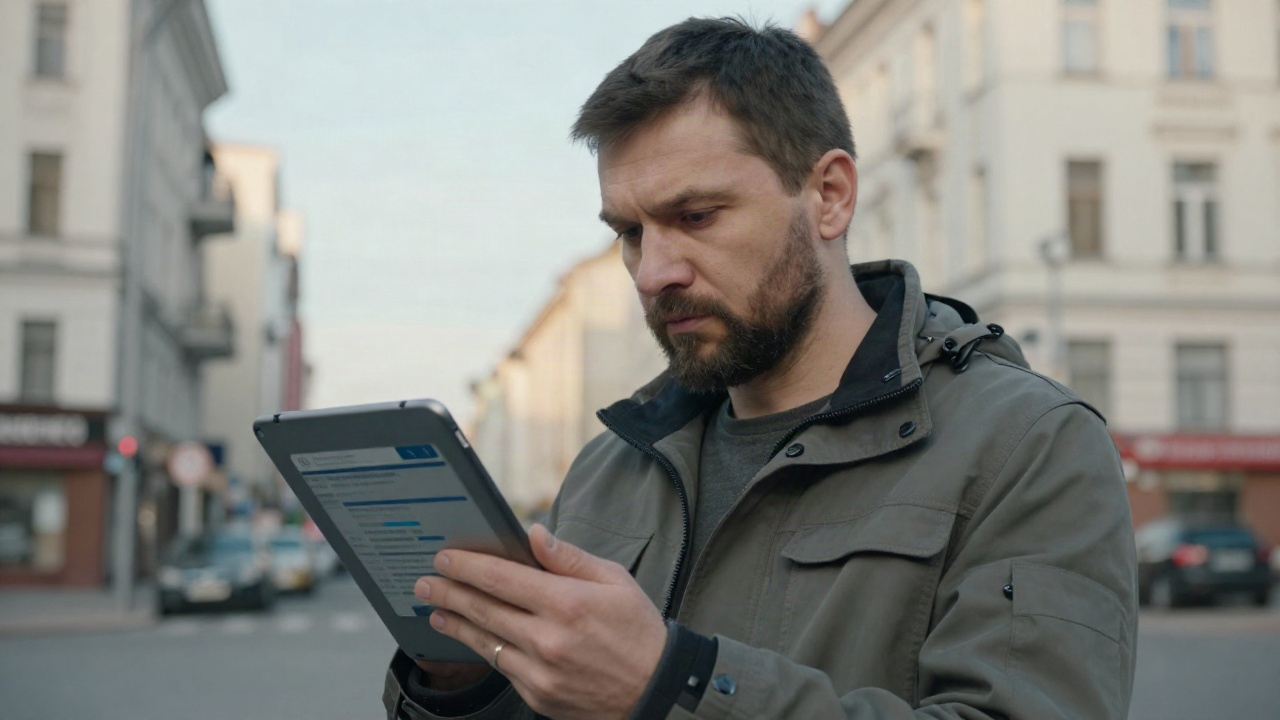 Аналитик внимательно изучает сниппеты на планшете на улице Новосибирска.