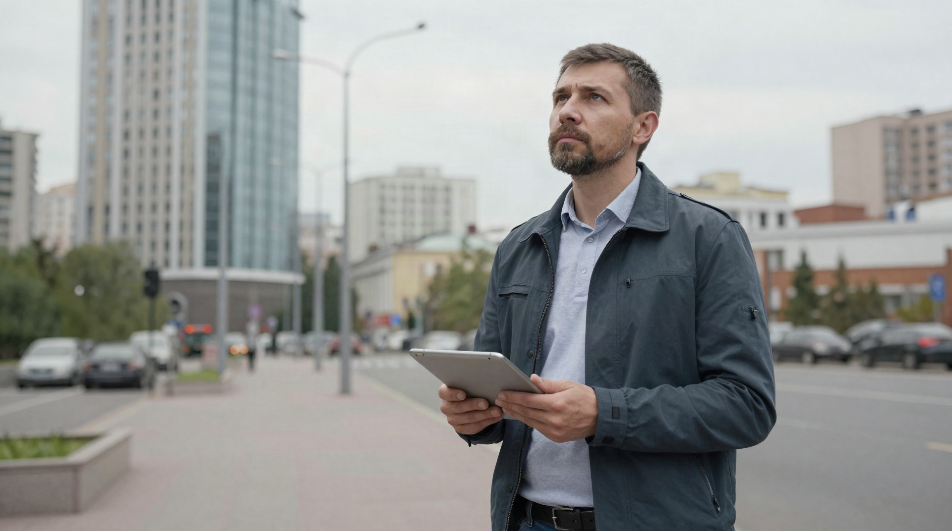 Аналитик на улице Новосибирска смотрит на городские небоскребы, держа в руках планшет.